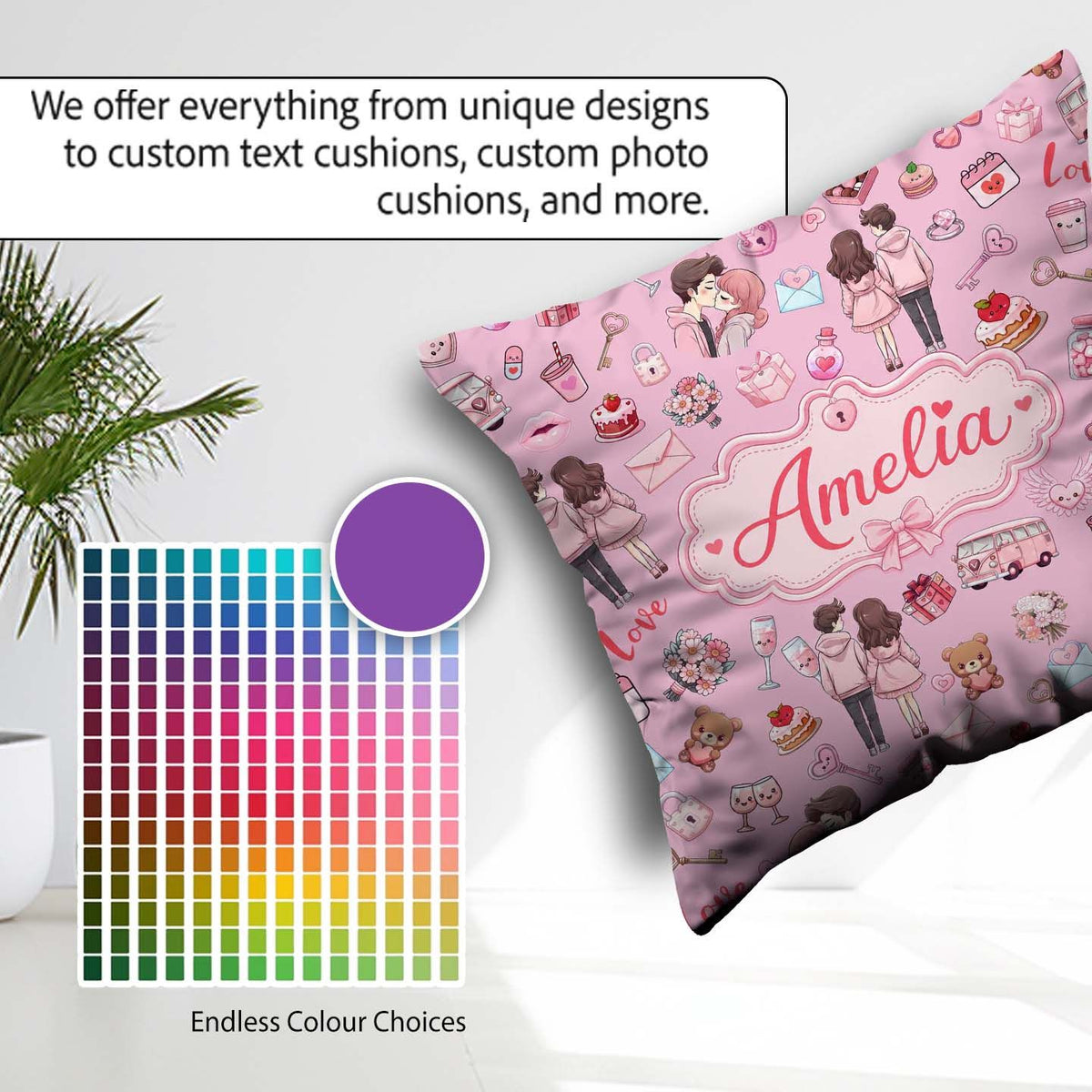 Custom Name Valentines Couple Icon Hearts Soft Pink Background Square Filled Cushion Throw Pillow Sofa Bed Home Decor Zip Washable UK Made