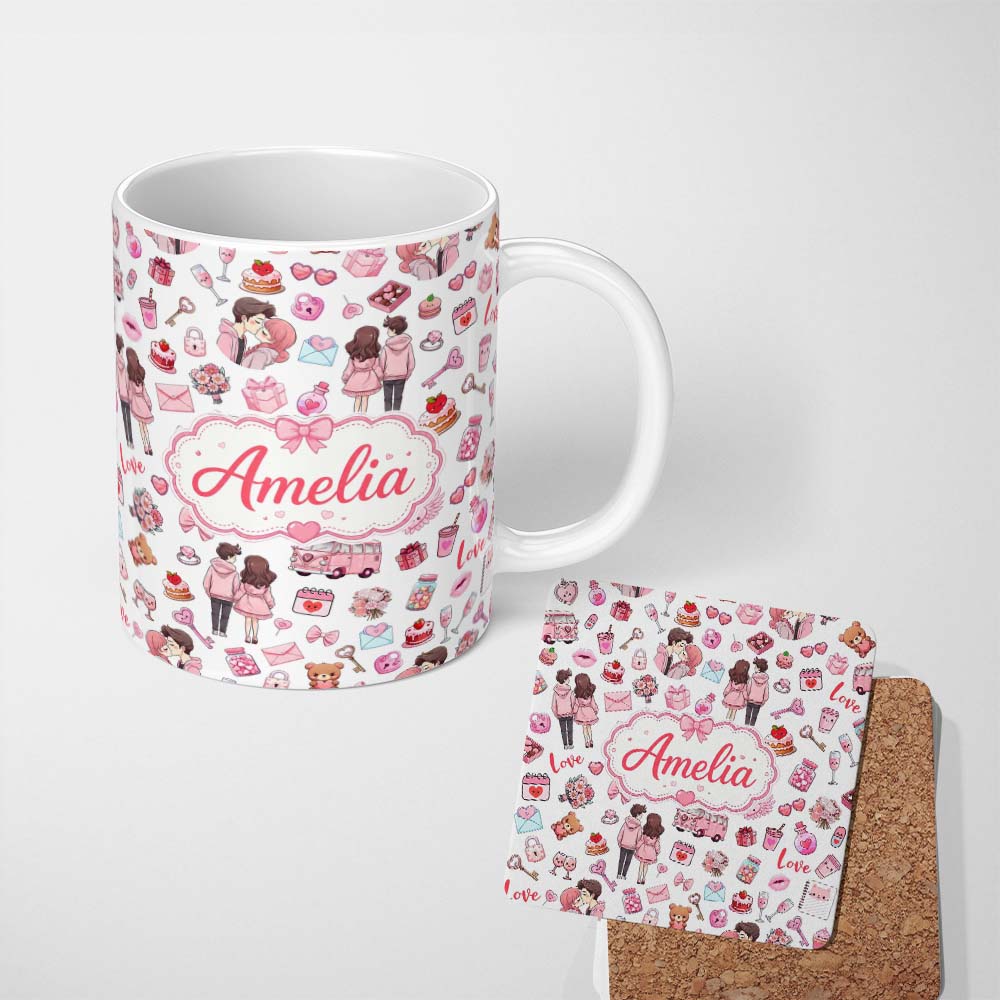 Personalized Custom Name Cute Valentines Couple Love Gifts Hearts Grey Background Seamless 11oz Ceramic Coffee Tea Mug White Large Handle
