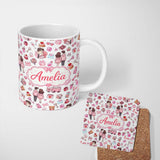 Personalized Custom Name Cute Valentines Couple Love Gifts Hearts Grey Background Seamless 11oz Ceramic Coffee Tea Mug White Large Handle