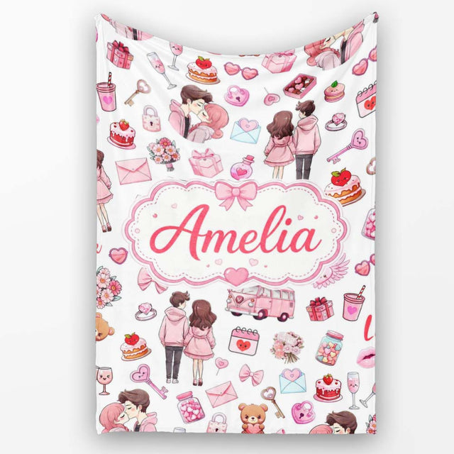 Cute Valentines Couple Love Gifts Hearts Grey Background Seamless  Personalised Custom Name Super Soft Fleece Blanket Bed Sofa Throw