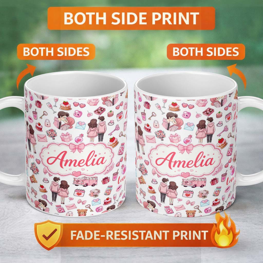 Personalized Custom Name Cute Valentines Couple Love Gifts Hearts Grey Background Seamless 11oz Ceramic Coffee Tea Mug White Large Handle