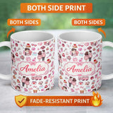 Personalized Custom Name Cute Valentines Couple Love Gifts Hearts Grey Background Seamless 11oz Ceramic Coffee Tea Mug White Large Handle