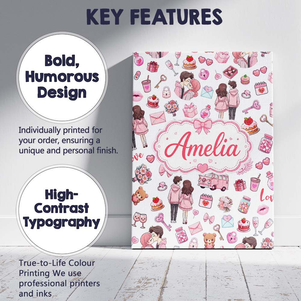 Personalised Name Cute Valentines Couple Custom  Unique Gift Idea Elegant Feature Canvas Wall Art Print Decor Picture Ready to Hang