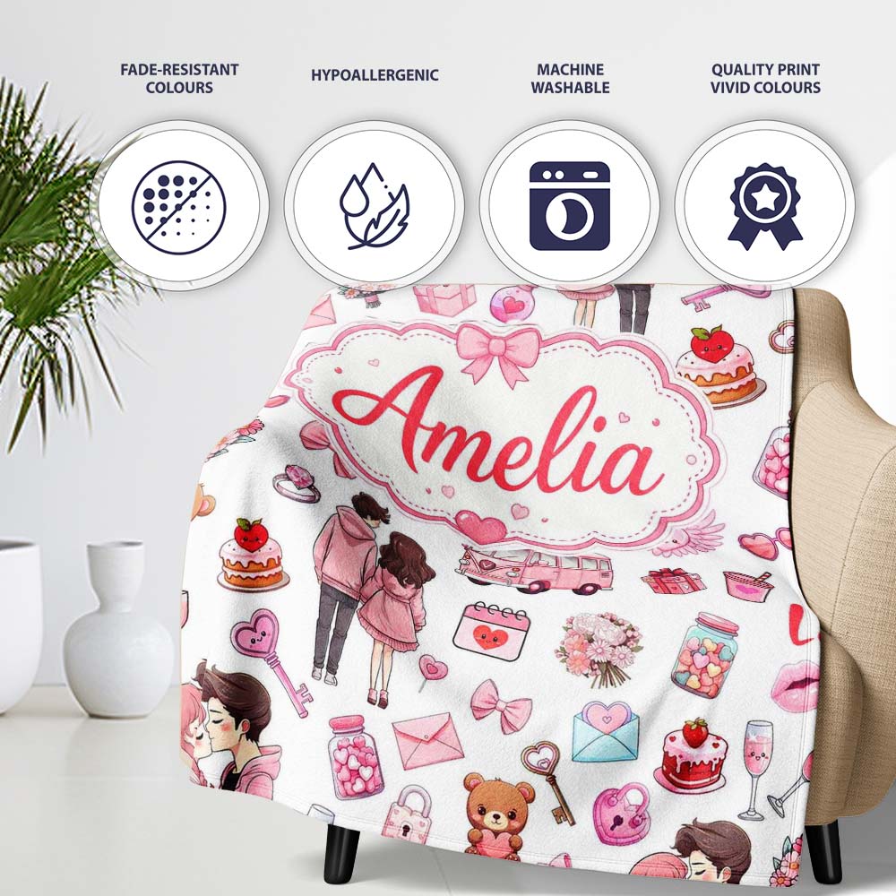Cute Valentines Couple Love Gifts Hearts Grey Background Seamless  Personalised Custom Name Super Soft Fleece Blanket Bed Sofa Throw
