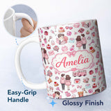 Personalized Custom Name Cute Valentines Couple Love Gifts Hearts Grey Background Seamless 11oz Ceramic Coffee Tea Mug White Large Handle