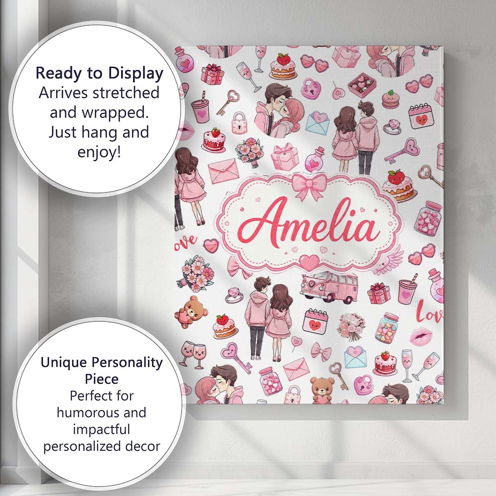 Personalised Name Cute Valentines Couple Custom  Unique Gift Idea Elegant Feature Canvas Wall Art Print Decor Picture Ready to Hang