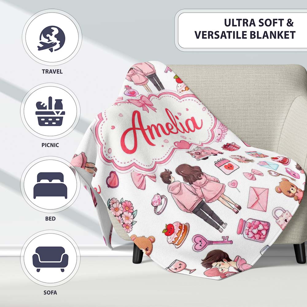 Cute Valentines Couple Love Gifts Hearts Grey Background Seamless  Personalised Custom Name Super Soft Fleece Blanket Bed Sofa Throw