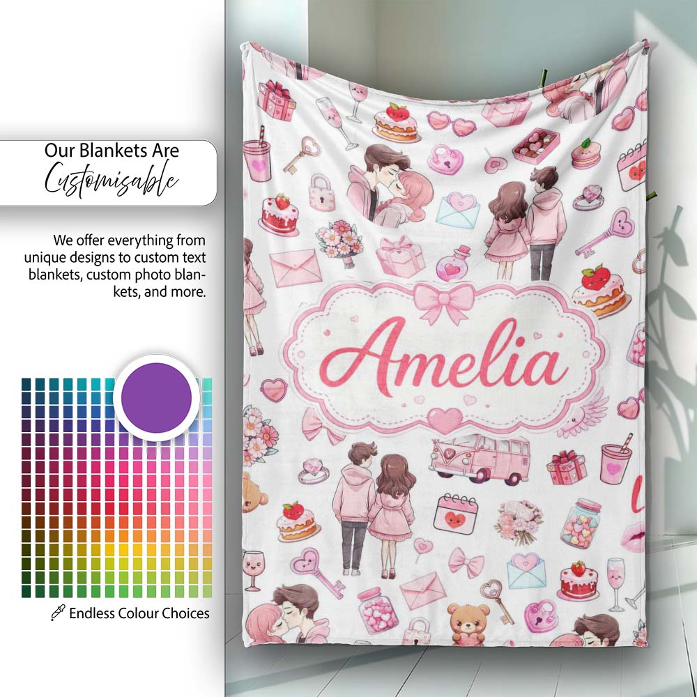 Cute Valentines Couple Love Gifts Hearts Grey Background Seamless  Personalised Custom Name Super Soft Fleece Blanket Bed Sofa Throw