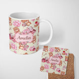 Personalized Custom Name Cute Teddy Bears Hearts Gifts Floral Valentines Seamless Pattern 11oz Ceramic Coffee Tea Mug White Large Handle