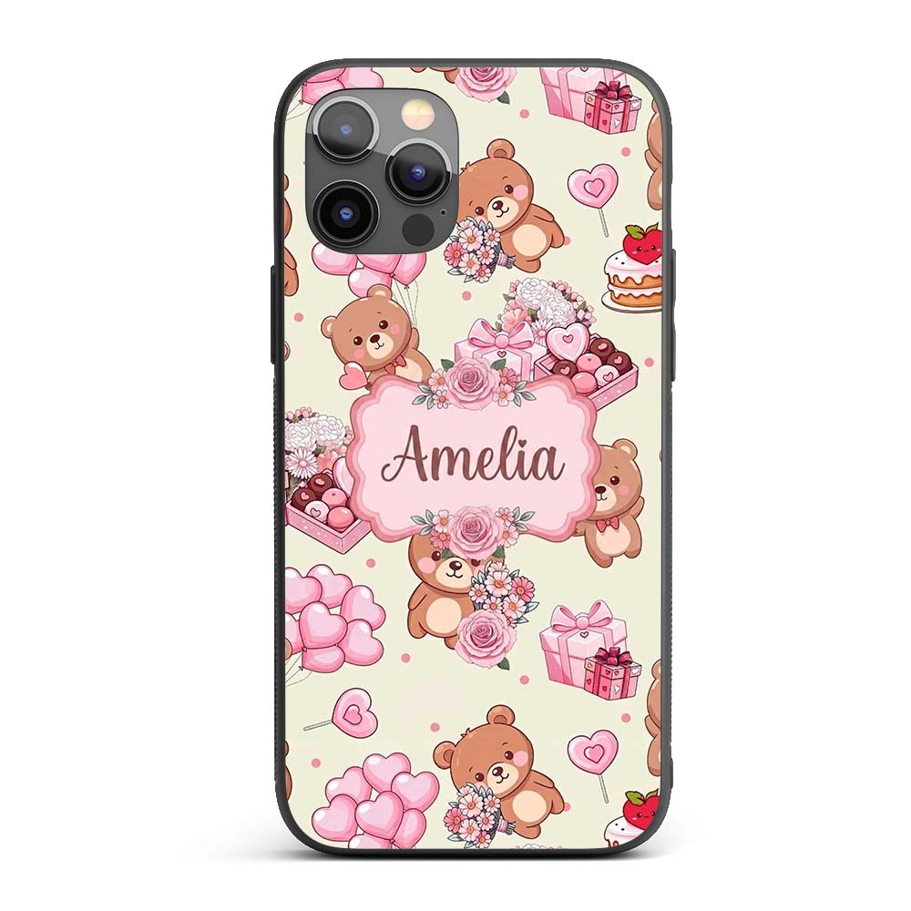 Cute Teddy Bears Hearts Gifts Floral Valentines Custom Name Protective Phone Case Mobile Cover Durable Everyday Smartphone Shock Resistant
