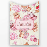 Cute Teddy Bears Hearts Gifts Floral Valentines Seamless Pattern  Personalised Custom Name Super Soft Fleece Blanket Bed Sofa Throw