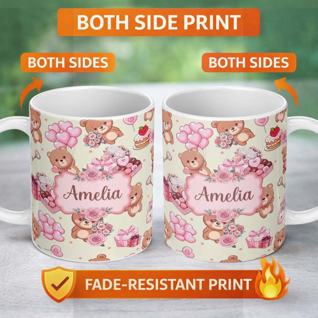 Personalized Custom Name Cute Teddy Bears Hearts Gifts Floral Valentines Seamless Pattern 11oz Ceramic Coffee Tea Mug White Large Handle