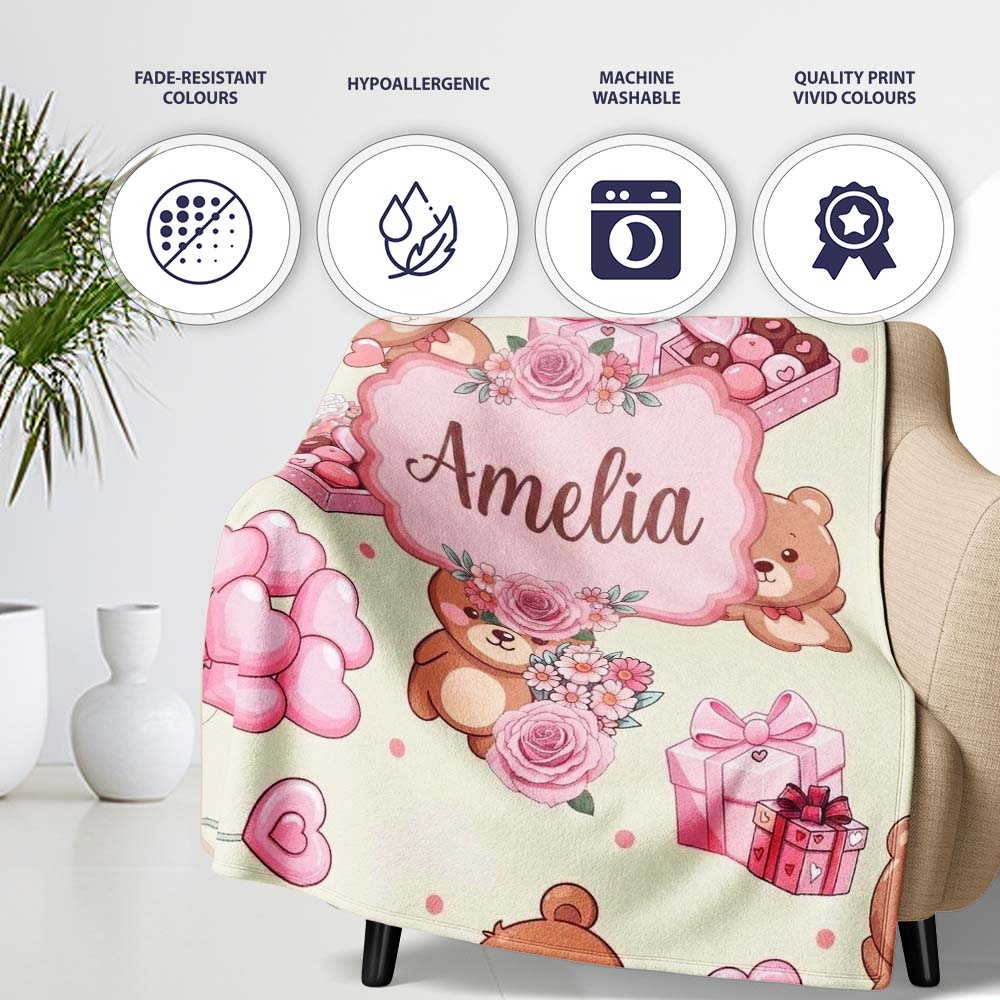 Cute Teddy Bears Hearts Gifts Floral Valentines Seamless Pattern  Personalised Custom Name Super Soft Fleece Blanket Bed Sofa Throw