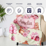 Cute Teddy Bears Hearts Gifts Floral Valentines Seamless Pattern  Personalised Custom Name Super Soft Fleece Blanket Bed Sofa Throw