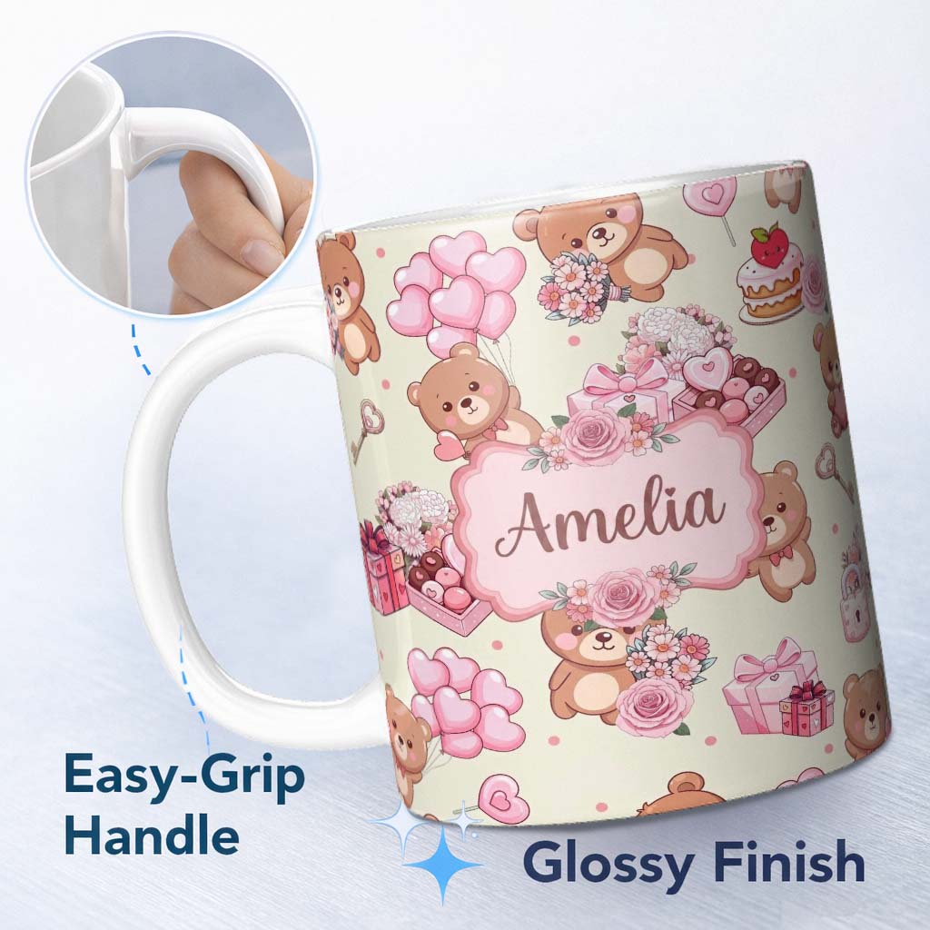 Personalized Custom Name Cute Teddy Bears Hearts Gifts Floral Valentines Seamless Pattern 11oz Ceramic Coffee Tea Mug White Large Handle