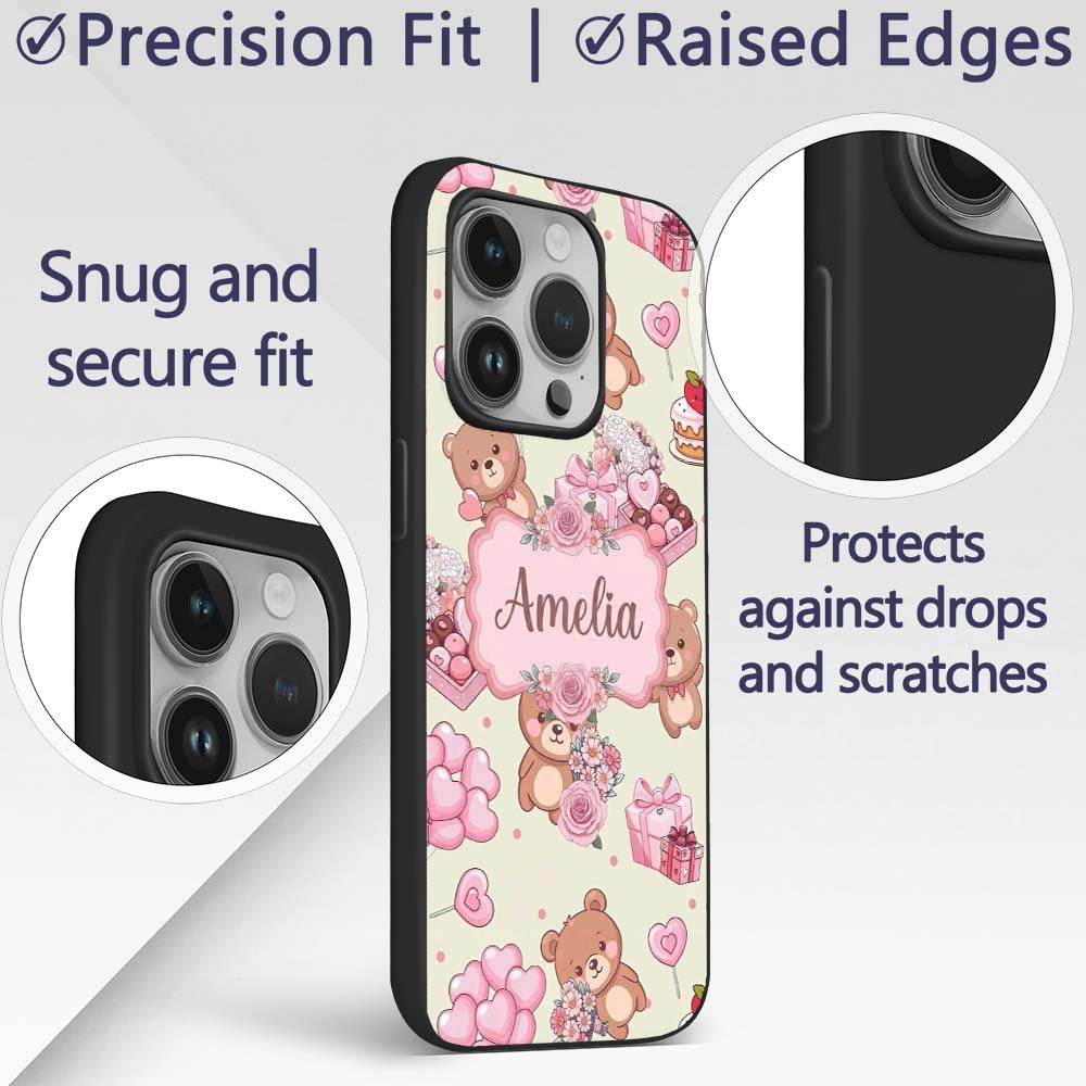 Cute Teddy Bears Hearts Gifts Floral Valentines Custom Name Protective Phone Case Mobile Cover Durable Everyday Smartphone Shock Resistant