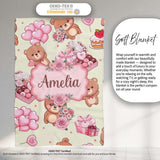 Cute Teddy Bears Hearts Gifts Floral Valentines Seamless Pattern  Personalised Custom Name Super Soft Fleece Blanket Bed Sofa Throw