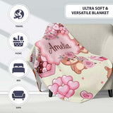 Cute Teddy Bears Hearts Gifts Floral Valentines Seamless Pattern  Personalised Custom Name Super Soft Fleece Blanket Bed Sofa Throw