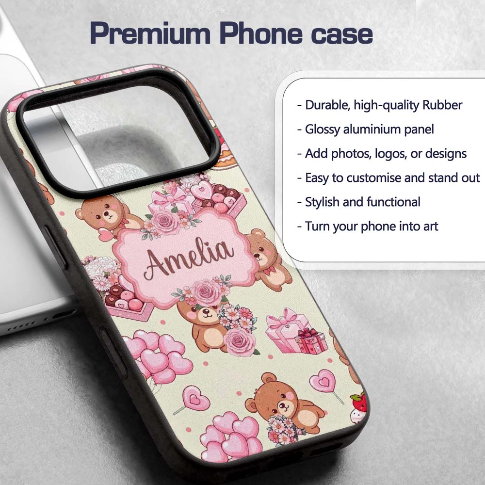 Cute Teddy Bears Hearts Gifts Floral Valentines Custom Name Protective Phone Case Mobile Cover Durable Everyday Smartphone Shock Resistant
