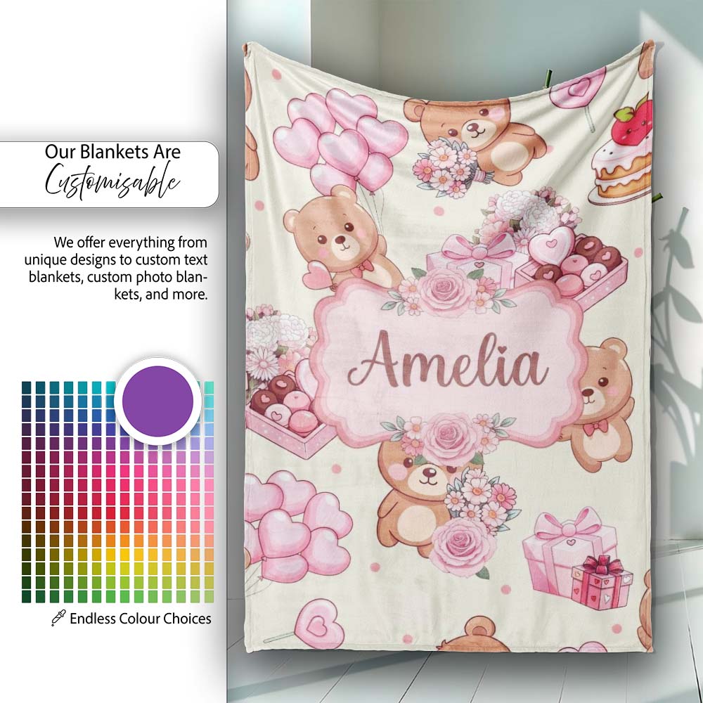 Cute Teddy Bears Hearts Gifts Floral Valentines Seamless Pattern  Personalised Custom Name Super Soft Fleece Blanket Bed Sofa Throw