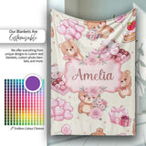 Cute Teddy Bears Hearts Gifts Floral Valentines Seamless Pattern  Personalised Custom Name Super Soft Fleece Blanket Bed Sofa Throw