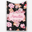 Cute Teddy Bears Heart Gift Floral Black Background Valentines  Personalised Custom Name Super Soft Fleece Blanket Bed Sofa Throw