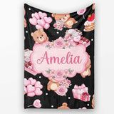 Cute Teddy Bears Heart Gift Floral Black Background Valentines  Personalised Custom Name Super Soft Fleece Blanket Bed Sofa Throw