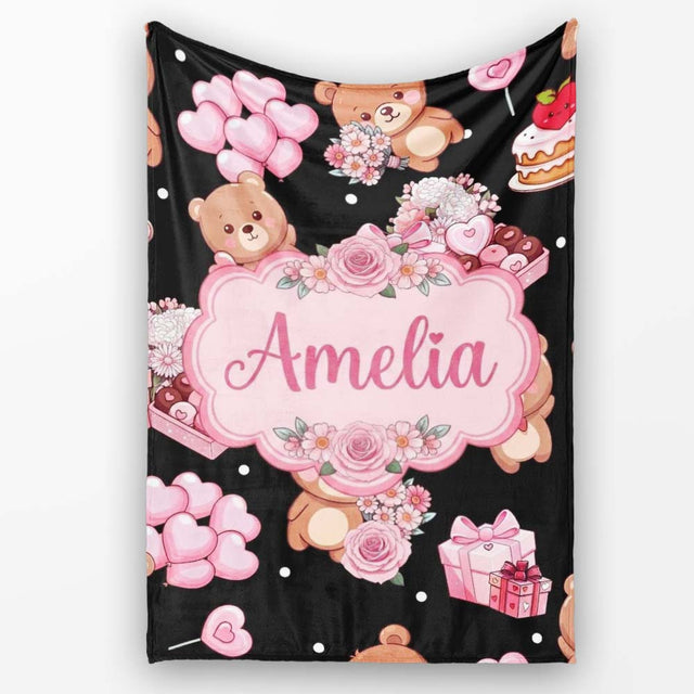 Cute Teddy Bears Heart Gift Floral Black Background Valentines  Personalised Custom Name Super Soft Fleece Blanket Bed Sofa Throw