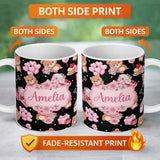 Personalized Custom Name Cute Teddy Bears Heart Gift Floral Black Background Valentines 11oz Ceramic Coffee Tea Mug White Large Handle