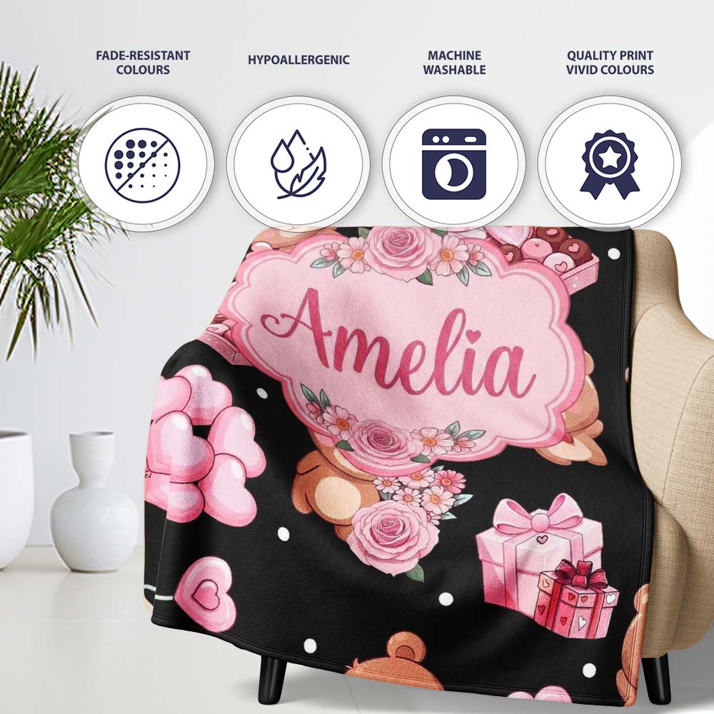 Cute Teddy Bears Heart Gift Floral Black Background Valentines  Personalised Custom Name Super Soft Fleece Blanket Bed Sofa Throw
