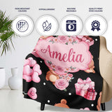 Cute Teddy Bears Heart Gift Floral Black Background Valentines  Personalised Custom Name Super Soft Fleece Blanket Bed Sofa Throw