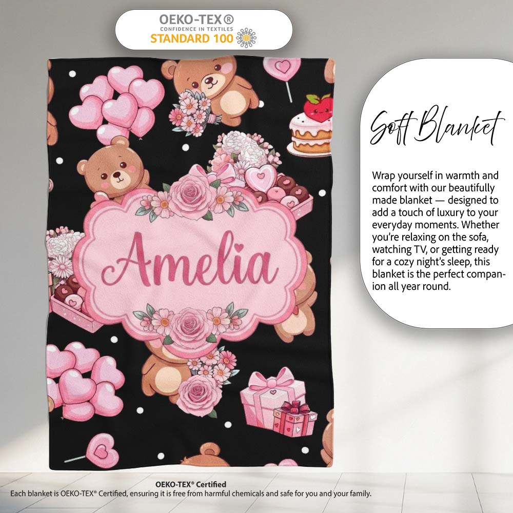 Cute Teddy Bears Heart Gift Floral Black Background Valentines  Personalised Custom Name Super Soft Fleece Blanket Bed Sofa Throw