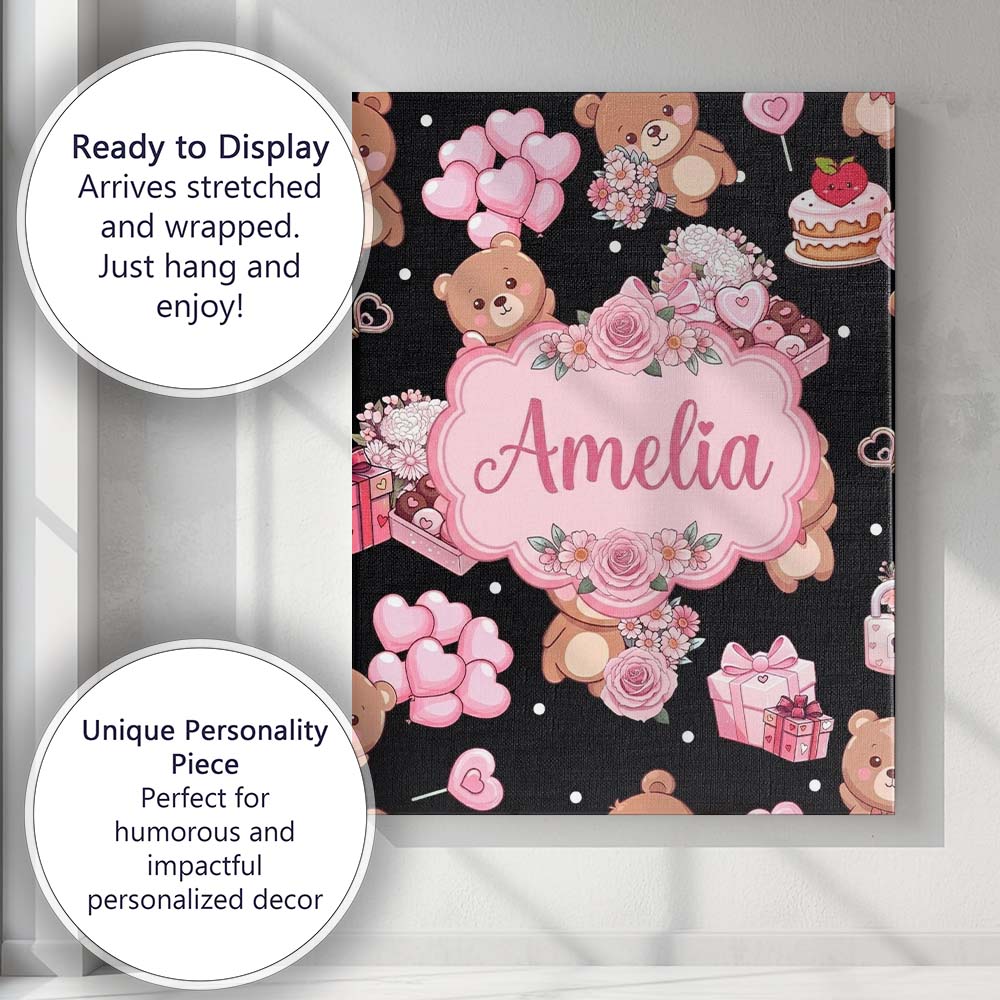Personalised Name Cute Teddy Bears Heart Custom  Unique Gift Idea Elegant Feature Canvas Wall Art Print Decor Picture Ready to Hang