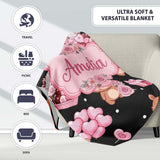 Cute Teddy Bears Heart Gift Floral Black Background Valentines  Personalised Custom Name Super Soft Fleece Blanket Bed Sofa Throw
