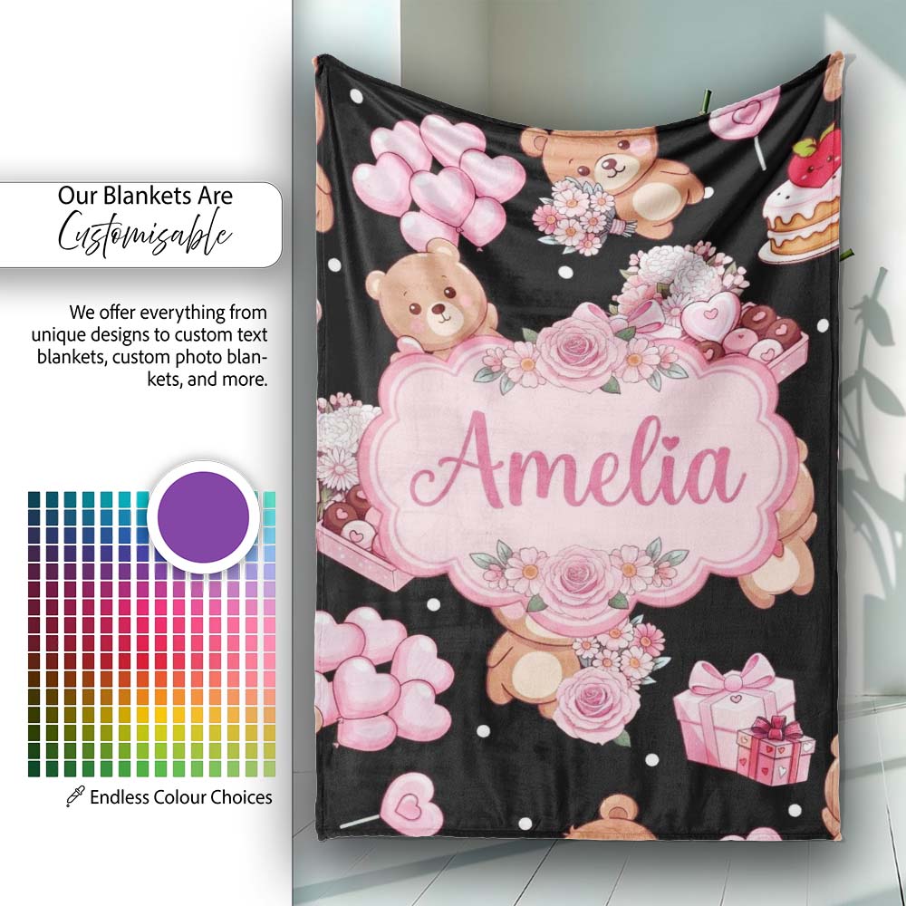 Cute Teddy Bears Heart Gift Floral Black Background Valentines  Personalised Custom Name Super Soft Fleece Blanket Bed Sofa Throw