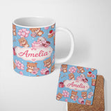 Personalized Custom Name Cute Teddy Bears Hearts Gift Floral Blue Background Valentines 11oz Ceramic Coffee Tea Mug White Large Handle