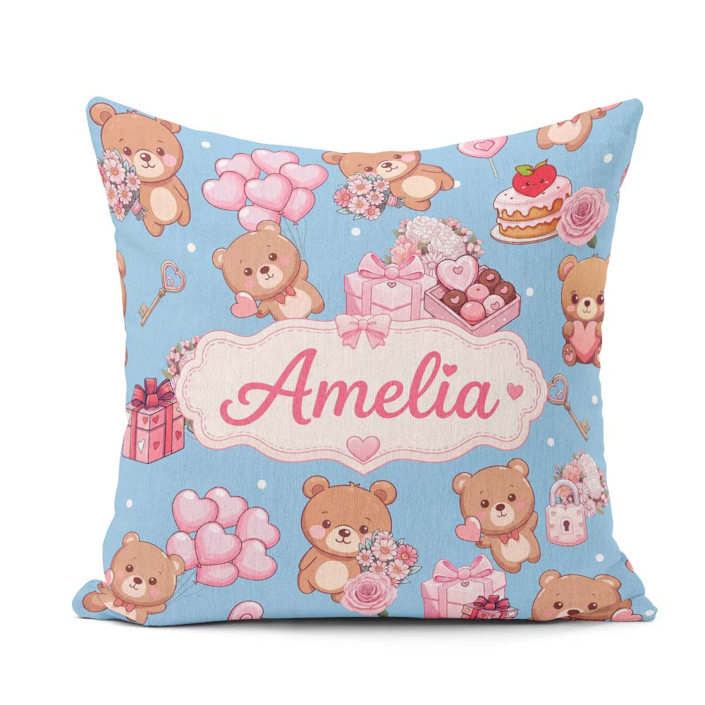 Custom Name Teddy Bears Hearts Floral Blue Background Valentines Square Filled Cushion Throw Pillow Sofa Bed Home Decor Zip Washable UK Made