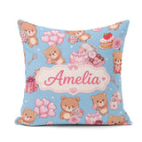 Custom Name Teddy Bears Hearts Floral Blue Background Valentines Square Filled Cushion Throw Pillow Sofa Bed Home Decor Zip Washable UK Made
