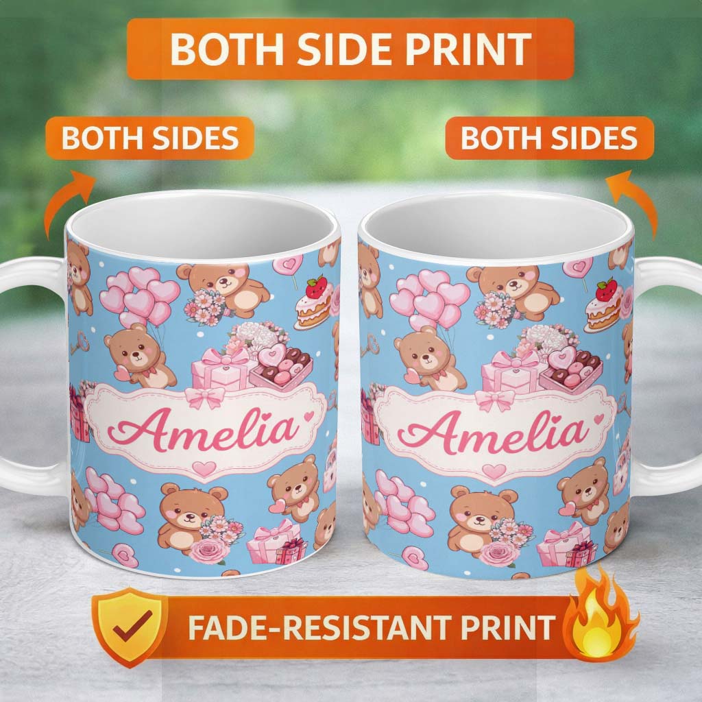 Personalized Custom Name Cute Teddy Bears Hearts Gift Floral Blue Background Valentines 11oz Ceramic Coffee Tea Mug White Large Handle