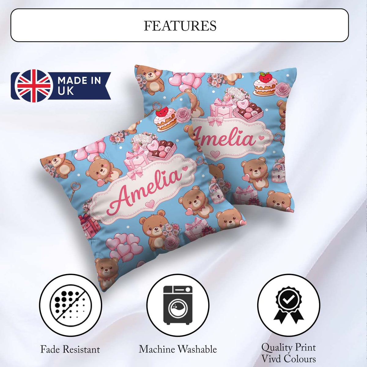 Custom Name Teddy Bears Hearts Floral Blue Background Valentines Square Filled Cushion Throw Pillow Sofa Bed Home Decor Zip Washable UK Made