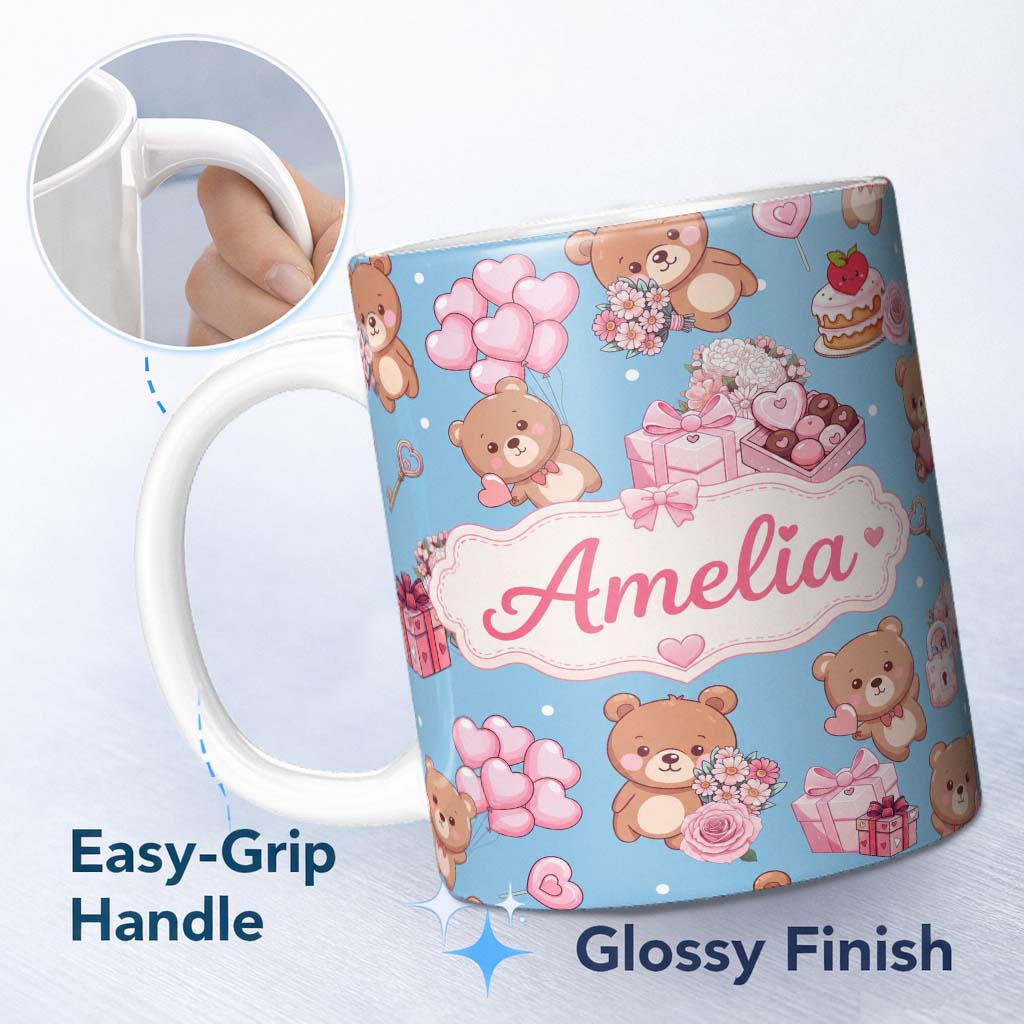 Personalized Custom Name Cute Teddy Bears Hearts Gift Floral Blue Background Valentines 11oz Ceramic Coffee Tea Mug White Large Handle