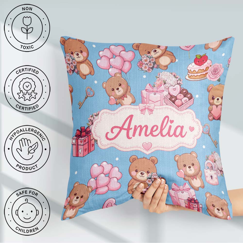 Custom Name Teddy Bears Hearts Floral Blue Background Valentines Square Filled Cushion Throw Pillow Sofa Bed Home Decor Zip Washable UK Made