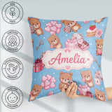 Custom Name Teddy Bears Hearts Floral Blue Background Valentines Square Filled Cushion Throw Pillow Sofa Bed Home Decor Zip Washable UK Made