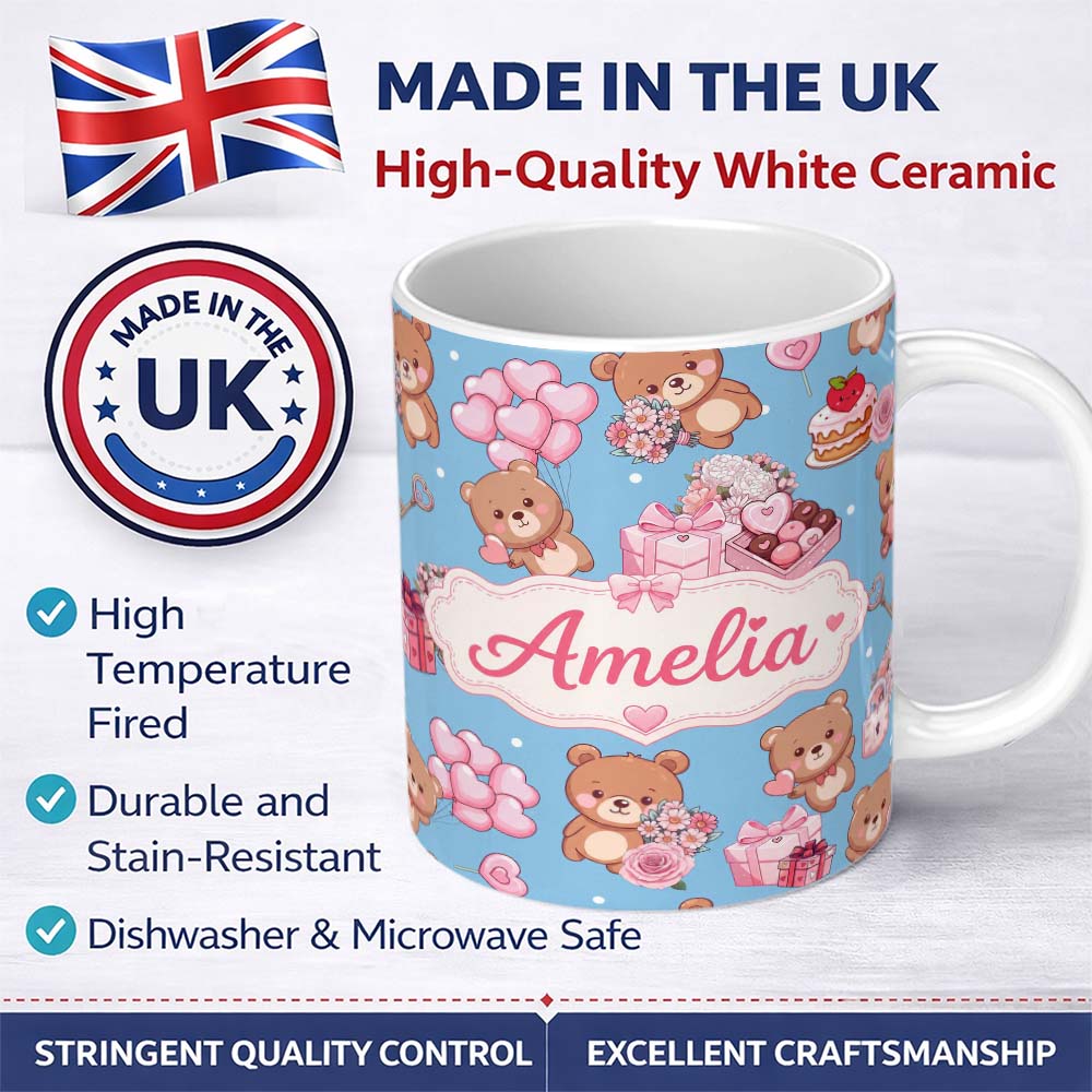 Personalized Custom Name Cute Teddy Bears Hearts Gift Floral Blue Background Valentines 11oz Ceramic Coffee Tea Mug White Large Handle