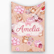 Cute Teddy Bears Hearts Floral Beige Background Valentines Seamless  Personalised Custom Name Super Soft Fleece Blanket Bed Sofa Throw