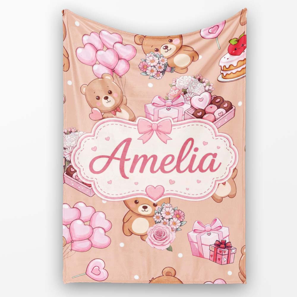 Cute Teddy Bears Hearts Floral Beige Background Valentines Seamless  Personalised Custom Name Super Soft Fleece Blanket Bed Sofa Throw