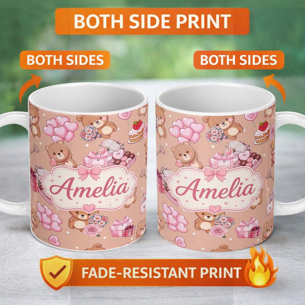 Personalized Custom Name Cute Teddy Bears Hearts Floral Beige Background Valentines Seamless 11oz Ceramic Coffee Tea Mug White Large Handle