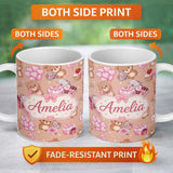 Personalized Custom Name Cute Teddy Bears Hearts Floral Beige Background Valentines Seamless 11oz Ceramic Coffee Tea Mug White Large Handle