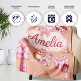 Cute Teddy Bears Hearts Floral Beige Background Valentines Seamless  Personalised Custom Name Super Soft Fleece Blanket Bed Sofa Throw