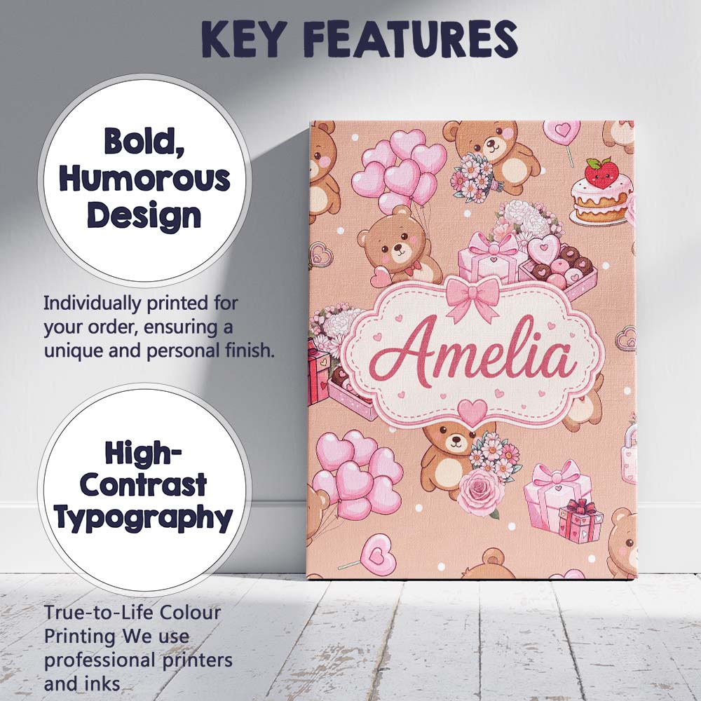 Personalised Name Cute Teddy Bears Hearts Custom  Unique Gift Idea Elegant Feature Canvas Wall Art Print Decor Picture Ready to Hang